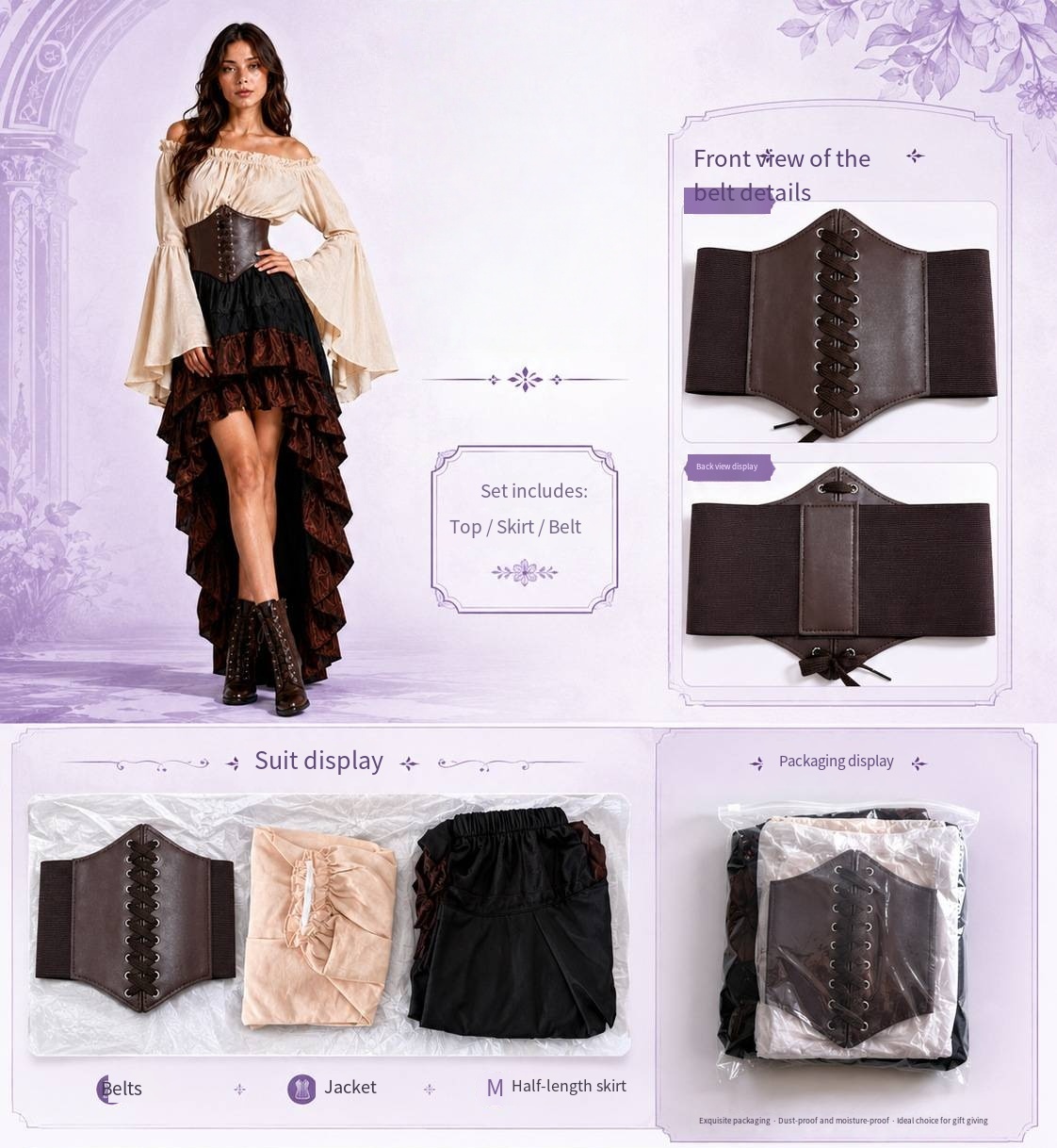 3Pcs Medieval Pirate Costume - Elizabeth Rose Embroidery Corset Ruffled Outfit